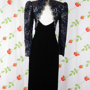 1990s Black Velvet Gold Purple Blue Scott McClintock Evening Dress // 90s Long Sleeve Hourglass Dress with Open Back image 7