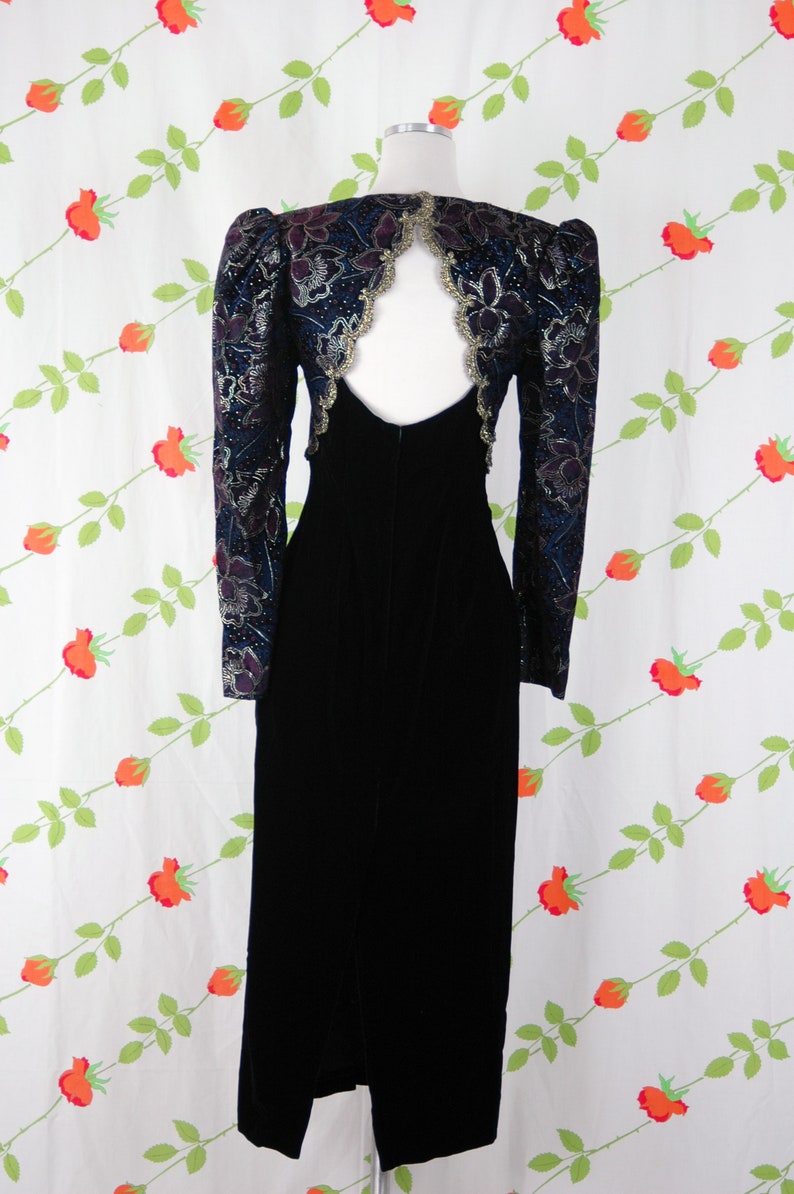 1990s Black Velvet Gold Purple Blue Scott McClintock Evening Dress // 90s Long Sleeve Hourglass Dress with Open Back image 7