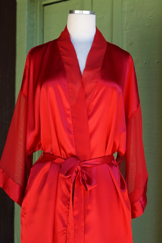 Shortie Red Robe 1990s Red Silky Short Robe with Sheer Wide Sleeves //… - Gem