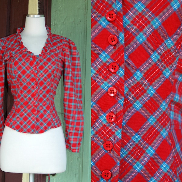 HOLIDAY 1980s Red Blue Plaid Flannel Top // 80s Tomboy Flannel Ruffled Peplum Blouse