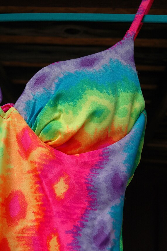 1980s Day Glow Rainbow Tie Dye One Piece Swimsuit // … Gem