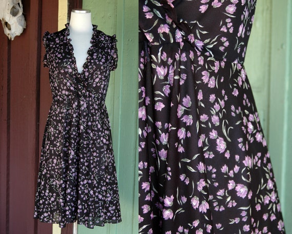 1970s Black Purple Green Fit and Flare Dress // 70