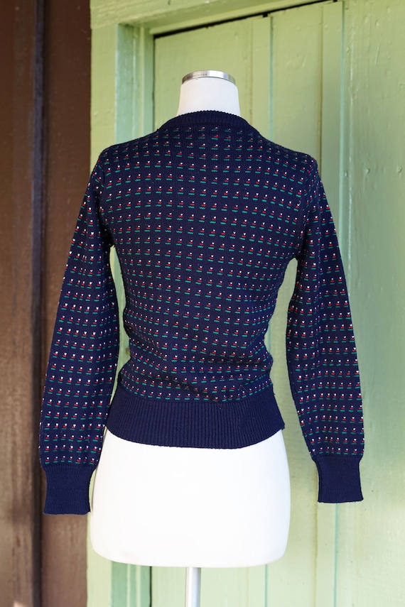1960s 1970s Navy Blue Knit Sweater with White Red… - image 7