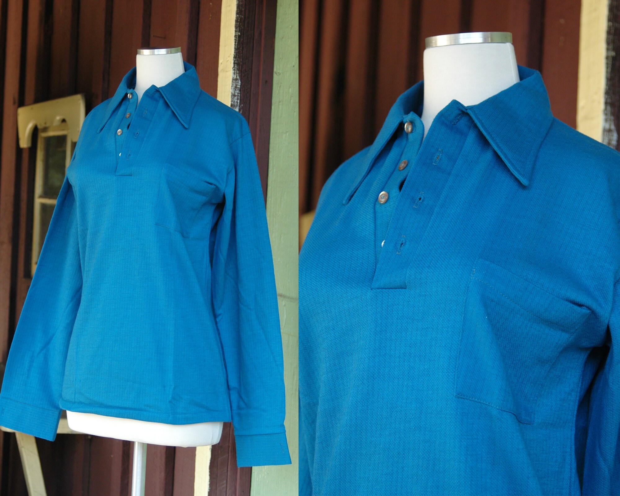 1960s 1970s Dark Teal Blue Long Sleeve Mens Shirt // 60s 70s Sears The Men’s Store Collared Shirt