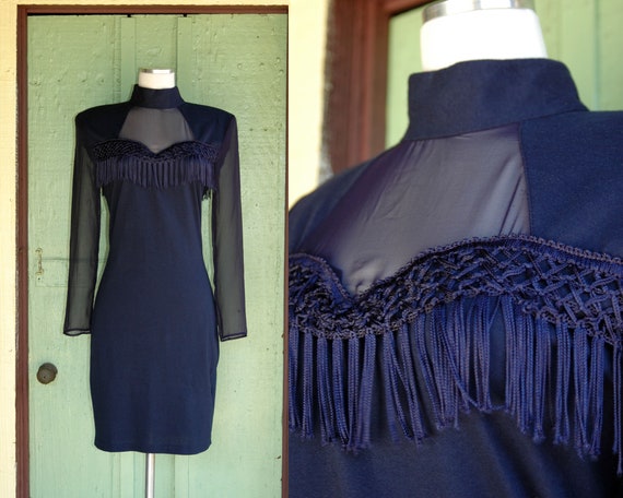1990s Navy Blue Hourglass Mock Neck Dress with Sh… - image 1