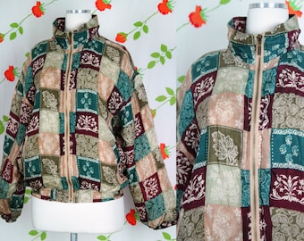 1980s Tan Red Green East West Patchwork Look Silk Bomber Jacket // 80s East West Silk Jacket Medium