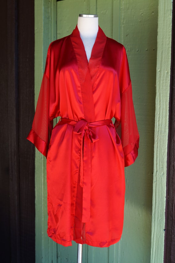 Shortie Red Robe 1990s Red Silky Short Robe with Sheer Wide Sleeves //… - Gem