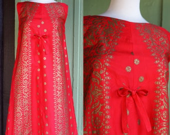 1960s Red and Gold Shift Dress // 60s Red Hawaiian Sleeveless Dress with Gold Printed Design and Bow