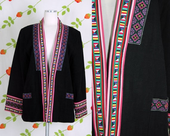 Black Lightweight Jacket with Colorful Ethnic Sty… - image 1