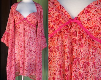 Ensemble de peignoir et de chemise de nuit à imprimé floral rose corail fuchsia orange des années 2000 par Oscar de la Renta // Ensemble court Peignoir de l'an 2000