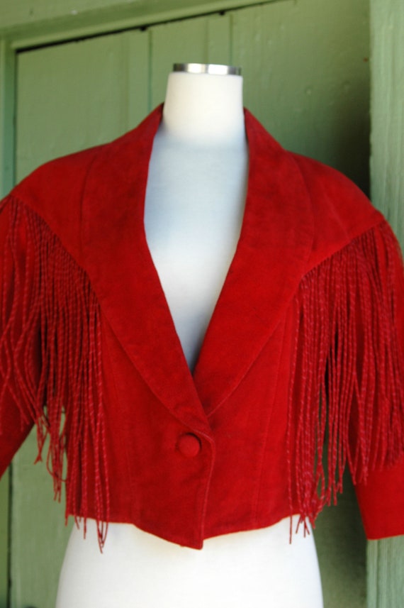 1990s Dark Red Suede Cropped Jacket with Fringe T… - image 5
