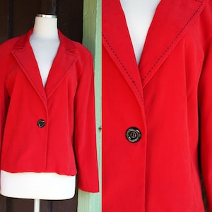 1980s 1990s Red Blazer Jacket with Black Stitched Detail and Button // 80s 90s R & K Original Petite Blazer