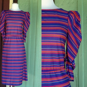 1970s 1980s Blue Pink Orange Green Striped Dress with Puff Sleeves // 70s 80s Striped Dress