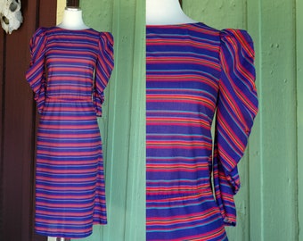 1970s 1980s Blue Pink Orange Green Striped Dress with Puff Sleeves // 70s 80s Striped Dress