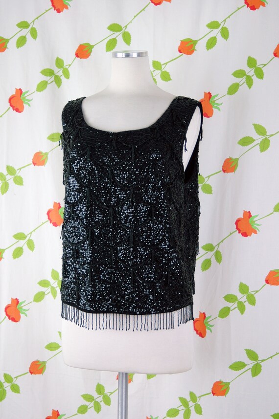 1960s Black Sequin Beaded Fringe Tank Top // 60s … - image 4