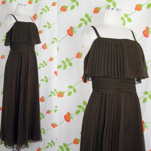 1970s Brown Pleated Miss Elliette Maxi Dress // 70s Spaghetti Strap Pleated Long Dress