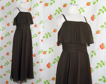 1970s Brown Pleated Miss Elliette Maxi Dress // 70s Spaghetti Strap Pleated Long Dress