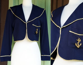 1990s Navy Blue Gold Trimmed Sailor Collar Cropped Jacket // 90s Karen Kane Petites Anchor Gold Rope Trim Sailor Blazer