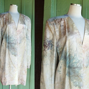 1990s Antique Damask Tie Dye Neutral Natural Blazer Jacket // 90s Long Blazer with Beige Tan Blue Pink