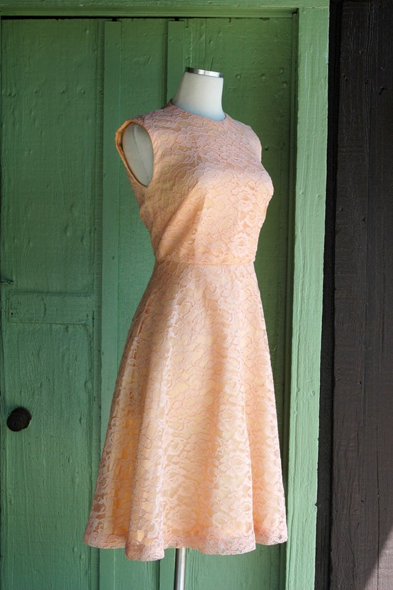 1960s Peach Lace Fit and Flare Sleeveless Midi Dr… - image 5