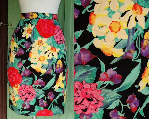 1980s Ungaro Bright Floral Print Cotton Skirt // 8