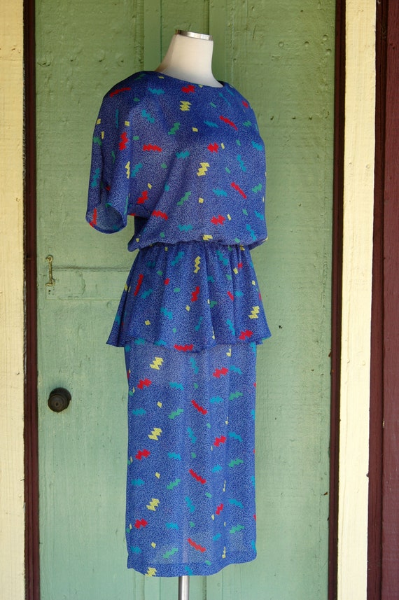 1980s 1990s Blue Confetti Print Peplum Dress / 80… - image 3