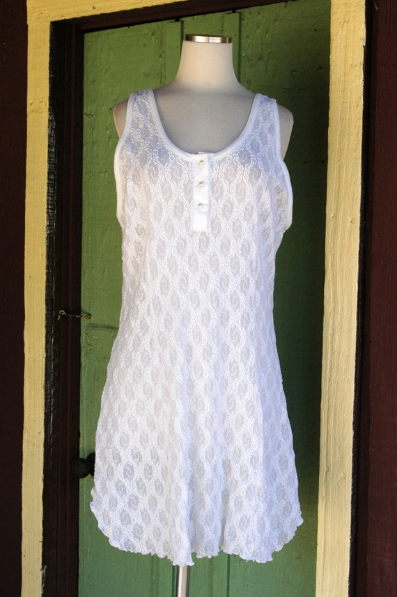 1980s Sheer White Stretch Lace Dress // 80s Tank … - image 2