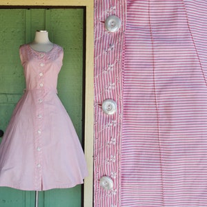 1960s Fit and Flare Summer Dress // 60s Pink and White Striped Sun Dress