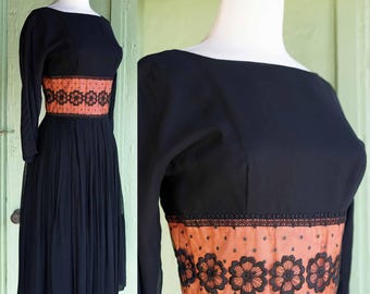 1950s Black and Rusty Orange Floral Waist Detail Midi Dress // 50s Long Sleeve Fit and Flare Dress with Pleated Skirt