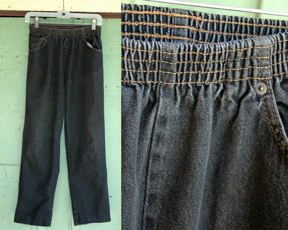 1980s Black Denim High Waist Relaxed Jeans // 80s Bobbie Brooks Elastic Waist Black Jeans