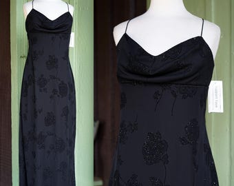 1990s 2000s Black Floral Slip Tank Dress with Open Back // 90s Y2K Prom Dress Formal Gown with Cowl Neckline