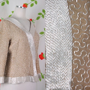 1950s 1960s Tan Blouse with All Over White Beading // 50s 60s Beaded Formal Evening Wear Top