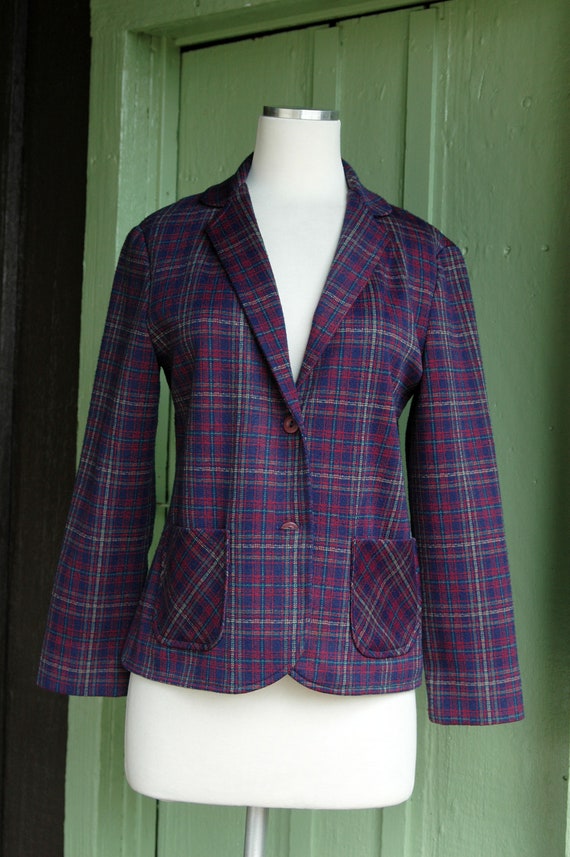 1970s Navy Blue Red Tan Green Plaid Blazer Jacket… - image 2