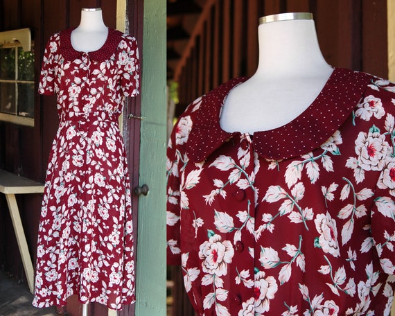 1990s Dark Red Floral Jumper with Polka Dot Colla… - image 1