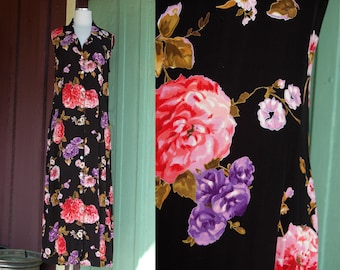 1990s Black Red Pink Purple Floral Rayon Dress // 90s Carol Anderson Flower Button Up Jumper