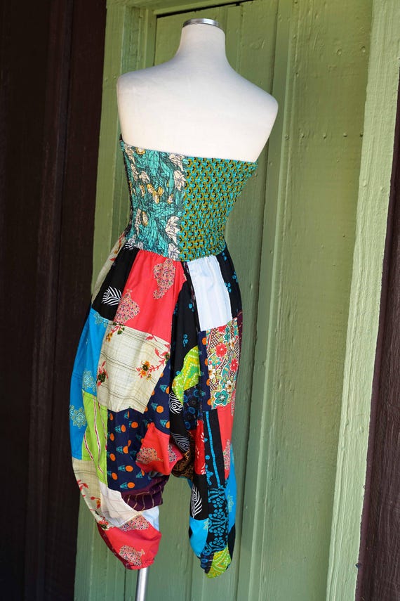 2000s Patchwork Strapless Smocked Harem Pants Jum… - image 7
