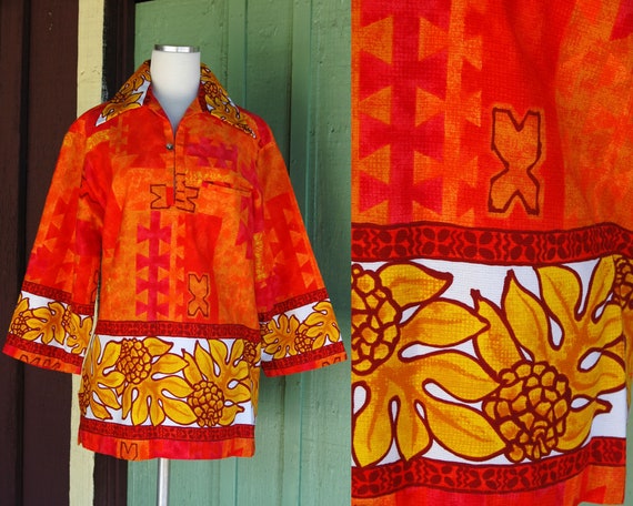 1960s Red Orange Yellow Tropical Hawaiian Print To