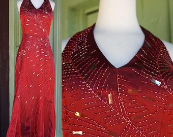 2000s Deep Red Iridescent Hand Beaded Halter Gown // Y2K Beaded Prom Dress Evening Gown Formal Dress