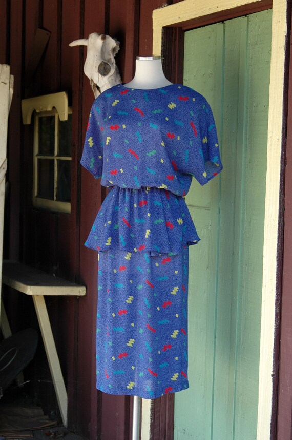 1980s 1990s Blue Confetti Print Peplum Dress / 80… - image 5