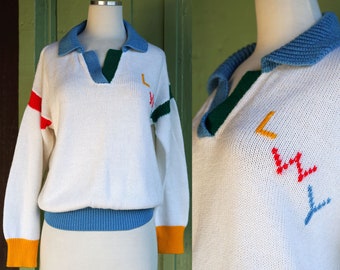 1950s 1960s Knit Pullover Initial Sweetheart Sweater // 50s 60s White Knit Pullover Sweater with Light Blue, Red, Yellow, Green Accents