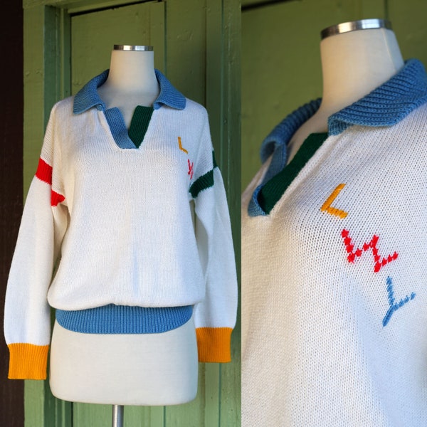 1950s 1960s Knit Pullover Initial Sweetheart Sweater // 50s 60s White Knit Pullover Sweater with Light Blue, Red, Yellow, Green Accents