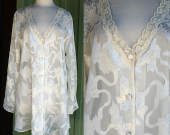 1990s Victoria’s Secret Gold Label Sheer White Leafy Print Long Sleeve Cover Up // 90s Oversized Lounge Top