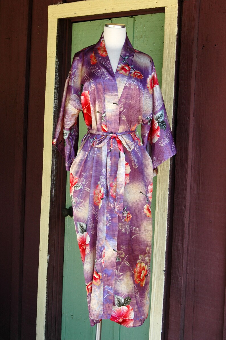 1980s 1990s Purple Pink Floral Silky Robe // 80s 90s California Dynasty ...