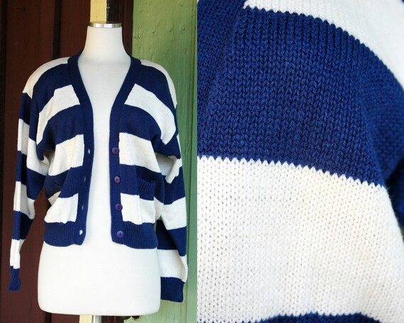 1980s 1990s Blue White Striped Cropped Cardigan Sw