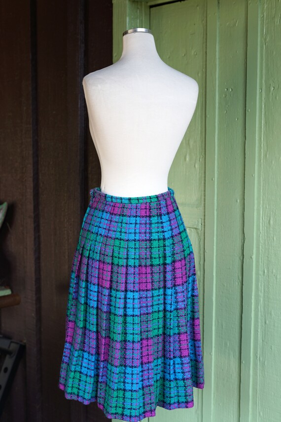 1960s Blue Purple Green Plaid Pleated Midi Skirt … - image 7