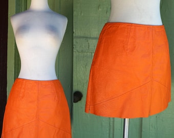 1990s Orange Leather Mini Skirt // 90s Orange Leather Fun Funky Short Skirt by Newport News