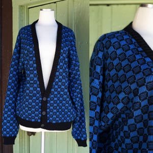 1990s Blue and Black Checked Oversized Cardigan Sweater // 90s Slouchy Button Front Knit Sweater
