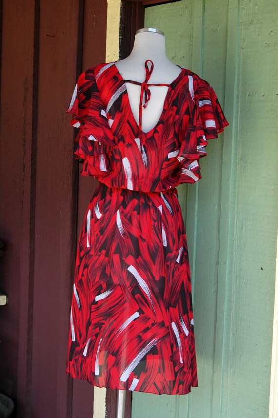 1980s Red White Black Abstract Brush Print Sheer … - image 7