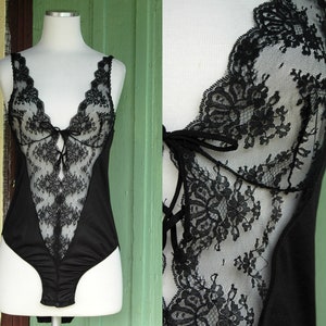 1960s 1970s Black Lace Bodysuit // 60s 70s Black Nylon Lingerie Sheer Black Lace