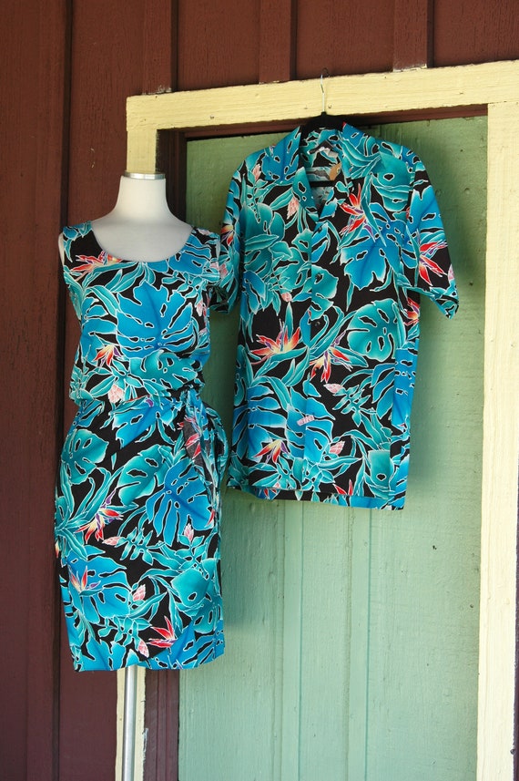 1990s Black Turquoise Blue Green Hawaiian Tropica… - image 7